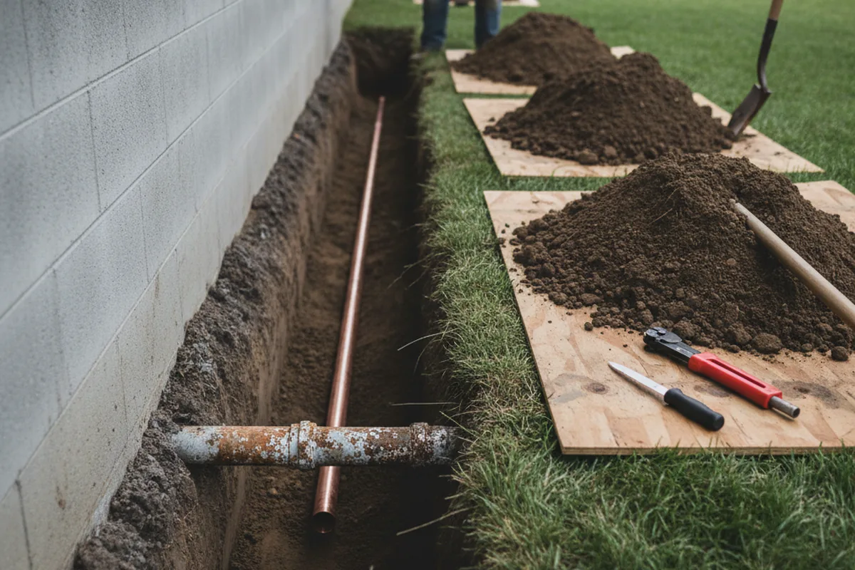 Excavated water line trench during Water Heater Repair in Lees Summit